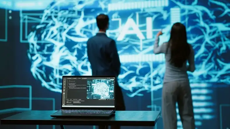 Researchers reviewing artificial intelligence models displayed on a digital screen