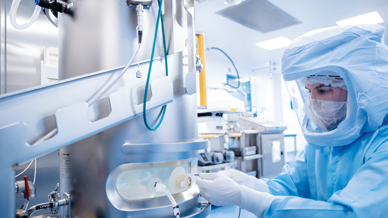 Scientist in cleanroom gear working with sterile bioprocessing equipment.