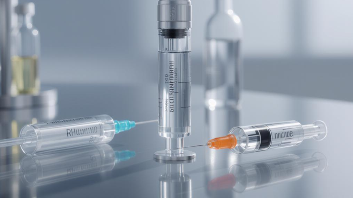 Syringes and biologic drug delivery components displayed on a clean lab surface